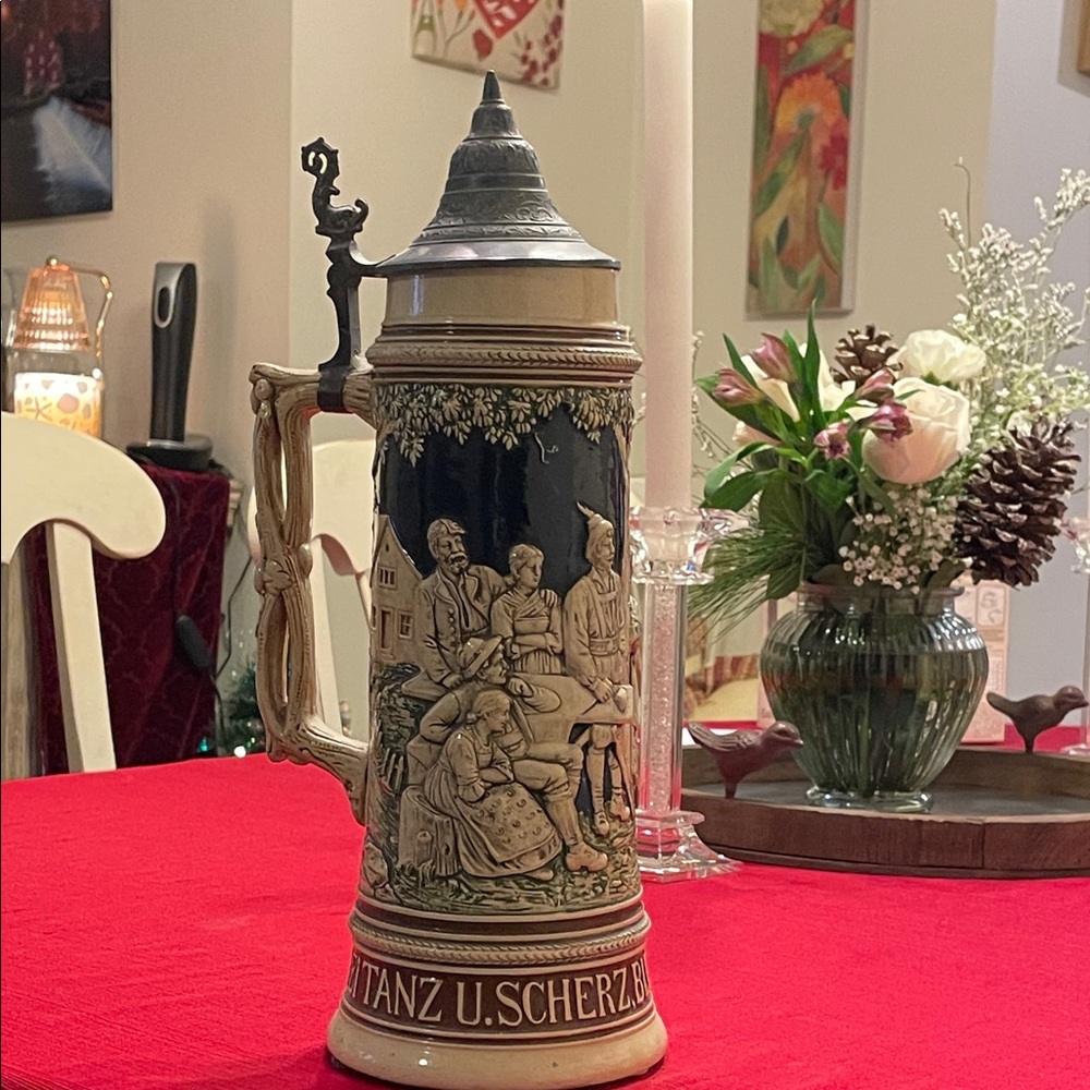 Vintage German Beer Stein with Pewter Lid